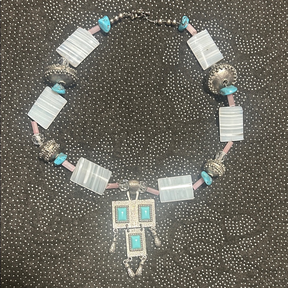 Silver but not Sterling and Blue Beaded Necklace